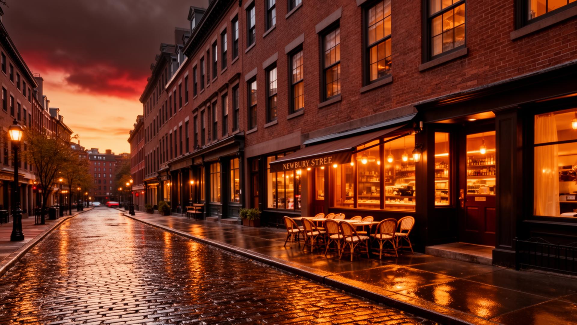 Newbury Street brownstones in Back Bay at dusk