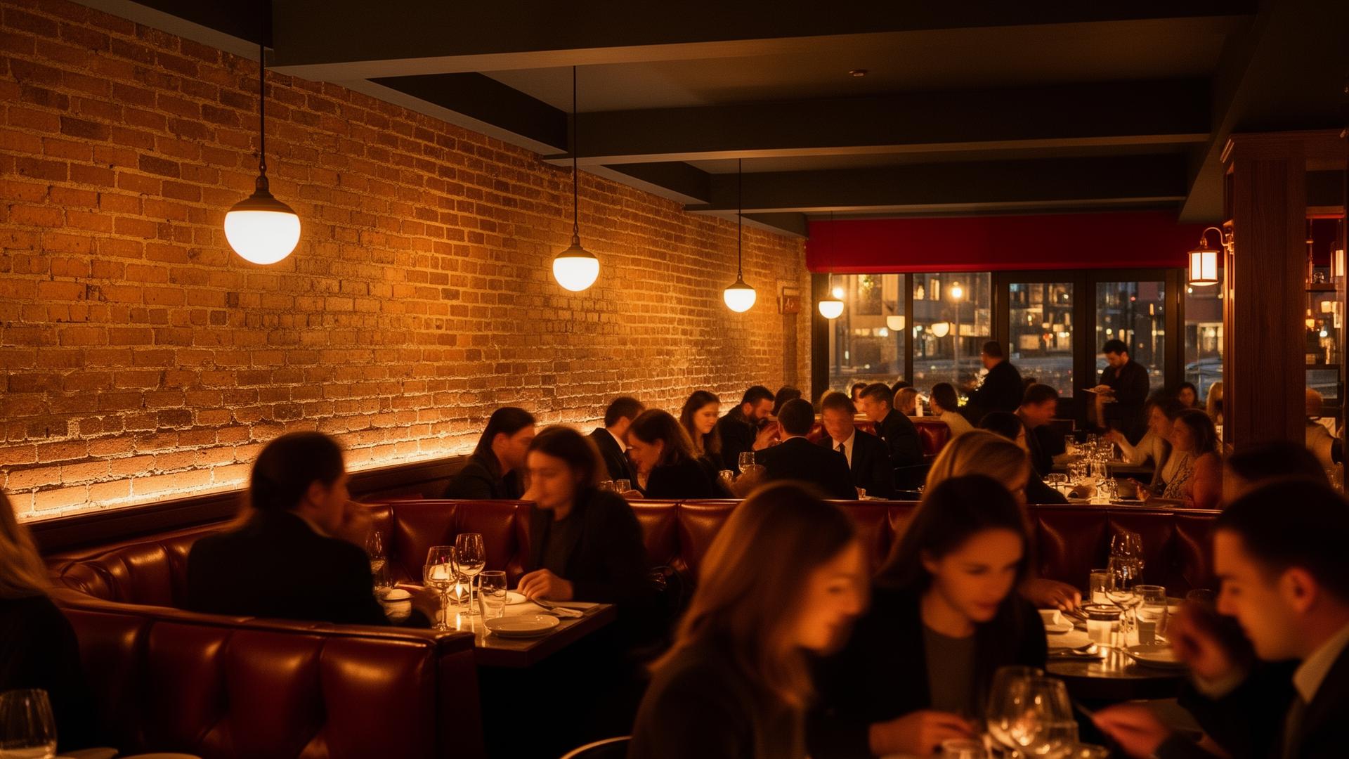 Warm Boston dining room with brick wall and pendant lighting