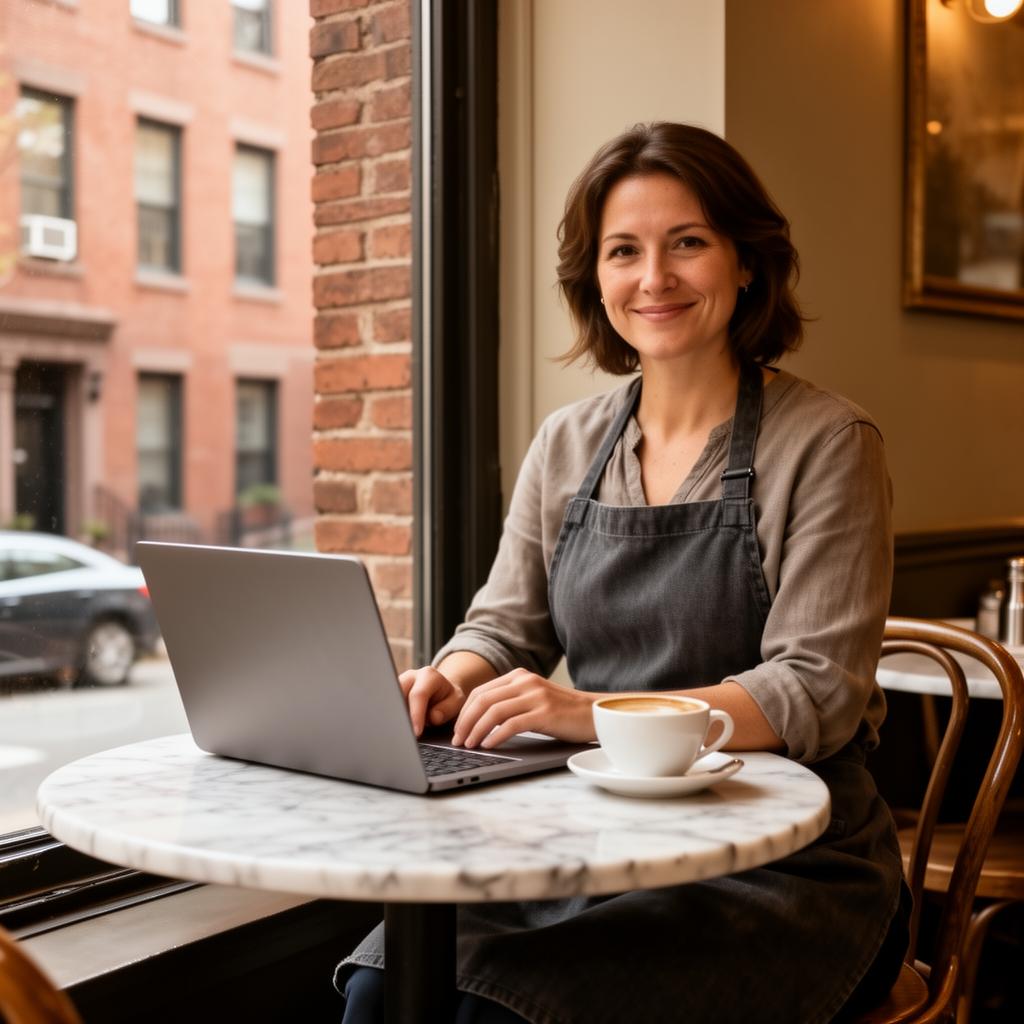 Restaurant owner calmly working on numbers at a marble cafe table in Back Bay