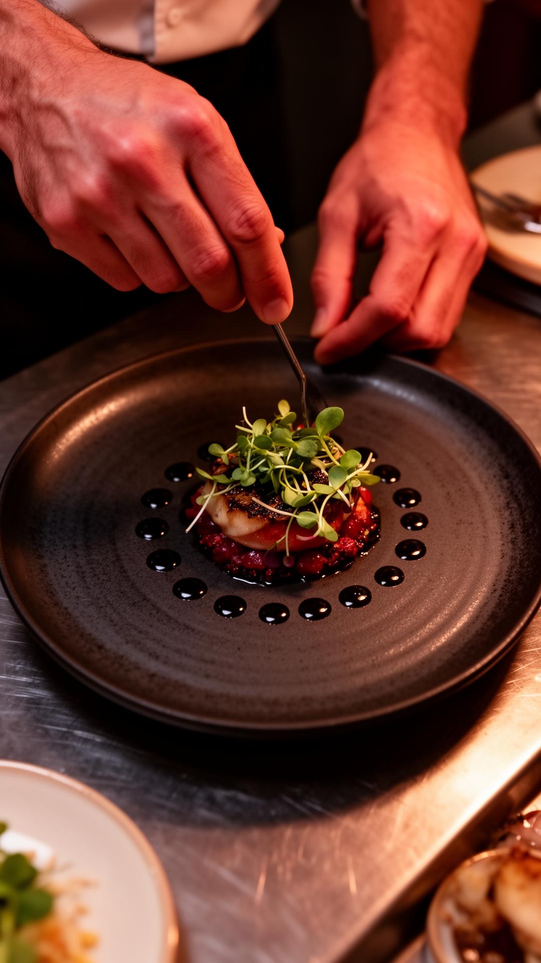 Chef plating a dish on a dark ceramic plate in warm kitchen light